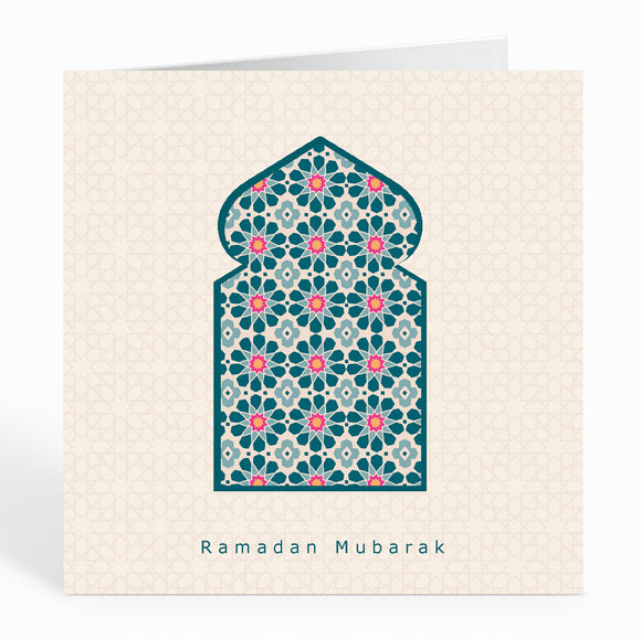 Ramadan Mubarak Card - Arabian Arch over Beige Geometric Background - RM 05