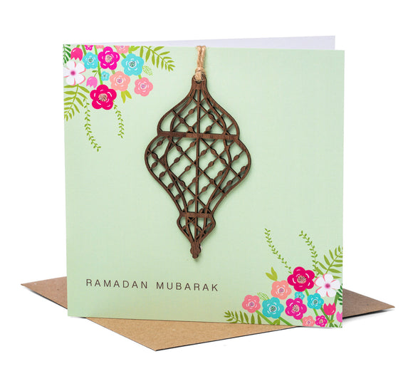 Laser Cut Wooden Lantern Ramadan Mubarak Card - Mint - PR 01