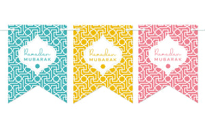 Ramadan Mubarak Bunting - 10 Double Sided Flags - Geometric Pattern in Pastel Colours - PEN 11
