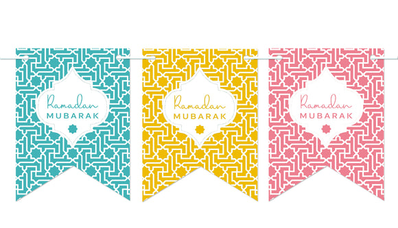 Ramadan Mubarak Bunting - 10 Double Sided Flags - Geometric Pattern in Pastel Colours - PEN 11