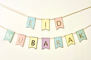 Gold Foil Eid Mubarak Letter Bunting - 10 Bunting Flags - In Pastel Shades - PLE 02