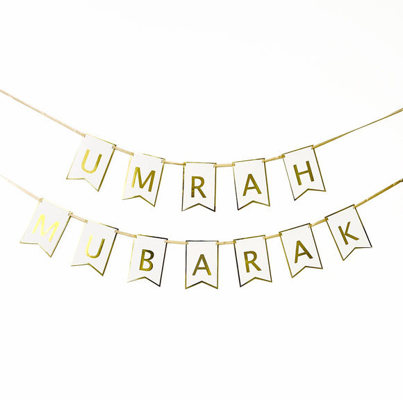 Gold Foil Umrah Mubarak Letter Bunting - Ivory - PLU 02