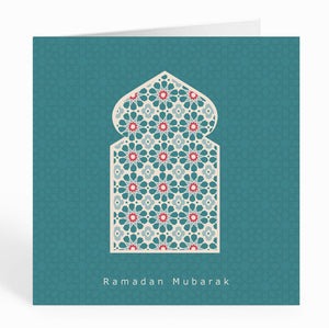 Ramadan Mubarak Card - Arabian Arch over Green Geometric Background - RM 02