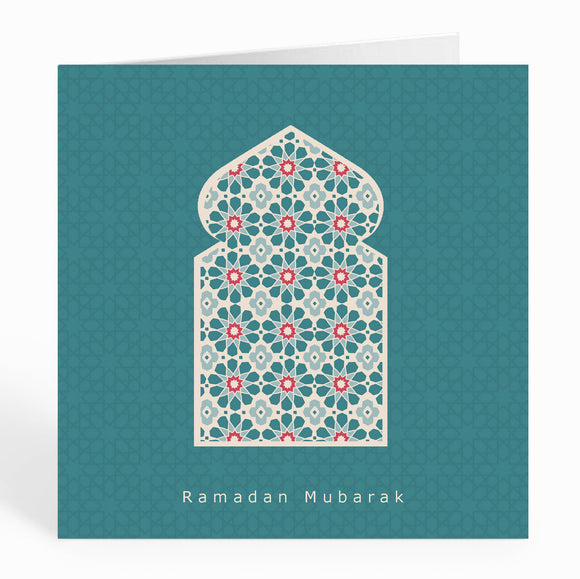 Ramadan Mubarak Card - Arabian Arch over Green Geometric Background - RM 02