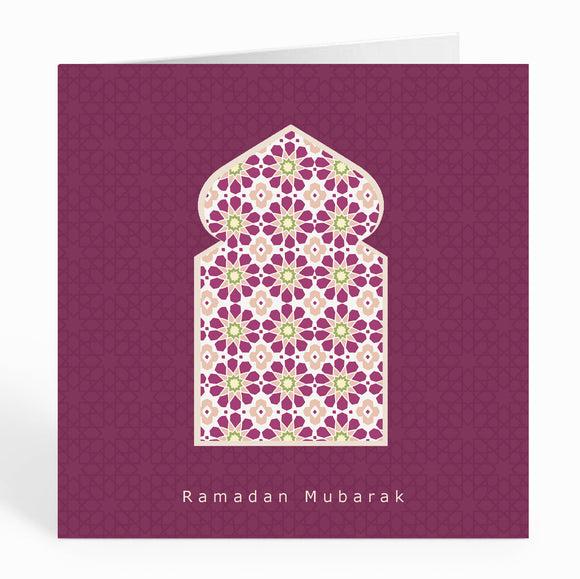 Ramadan Mubarak Card - Arabian Arch over Burgundy Geometric Background - RM 03