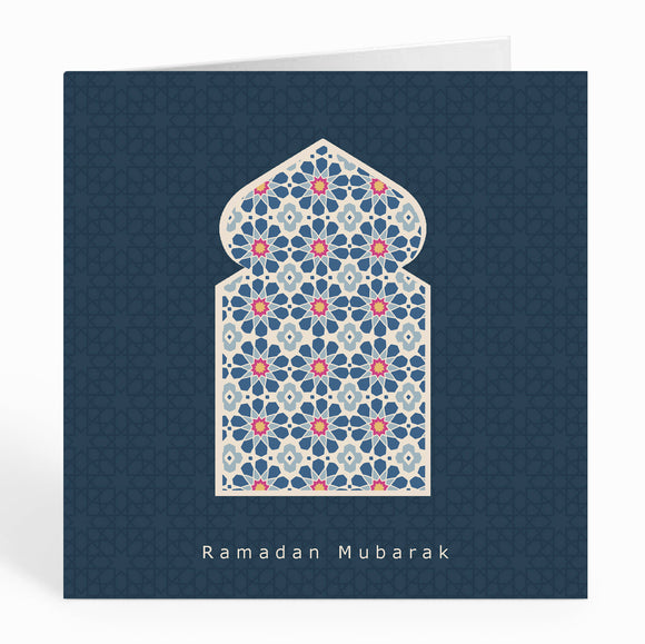 Ramadan Mubarak Card - Arabian Arch over Navy Geometric Background - RM 04