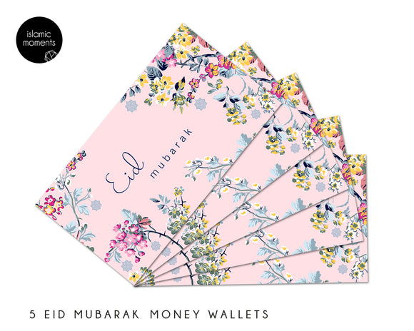 Multipack of 5 Pink Floral Eid Mubarak Money Wallets Eid Gift Cards - MW SK