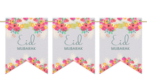 Eid Mubarak Bunting - 10 Double Sided Bunting Flags in Grey & Pink - PEN 10